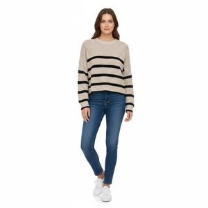 Just Polly Womens Sweater Size S‎ Beige Black Striped Cropped Knit Trendy Casual
